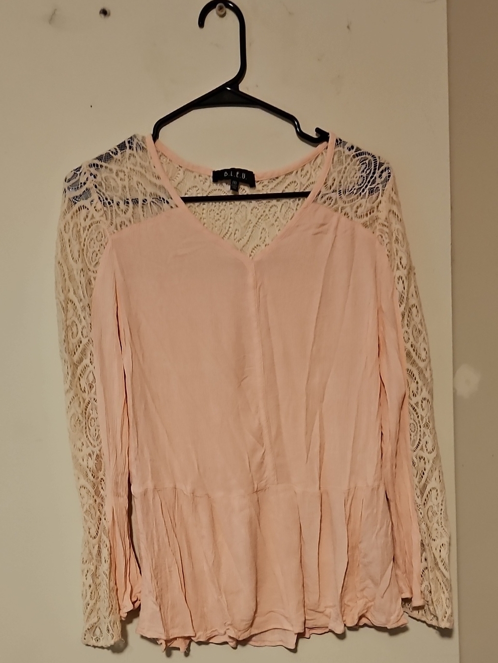 B.L.E.U. Pink Peplum Tunic with Cream Lace Sleeves